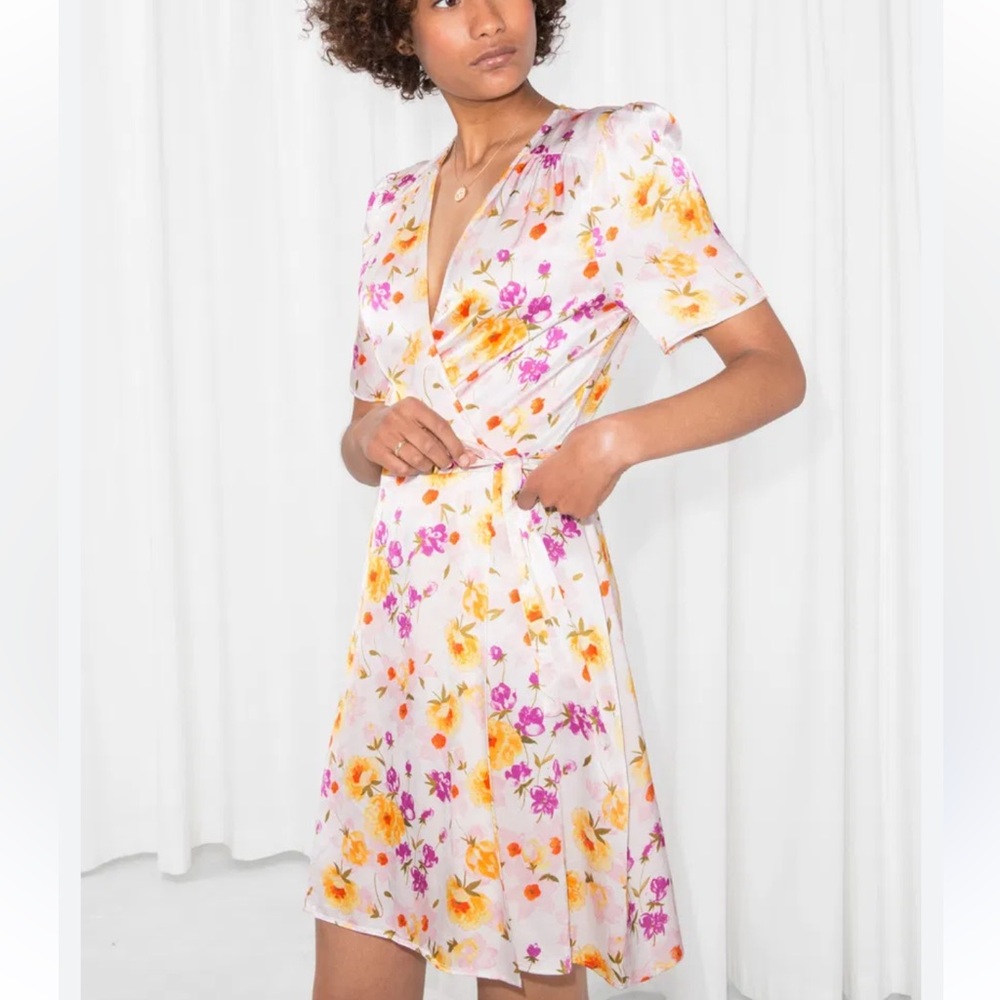 & OTHER STORIES Floral Wrap Mini Dress in White and Yellow
